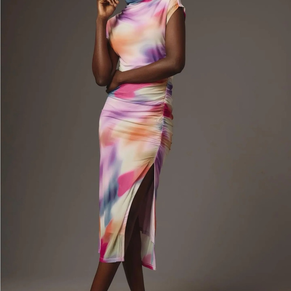 Anthropologie Multicolor Watercolor Midi Dress in Pink, Purple, Orange, Blue